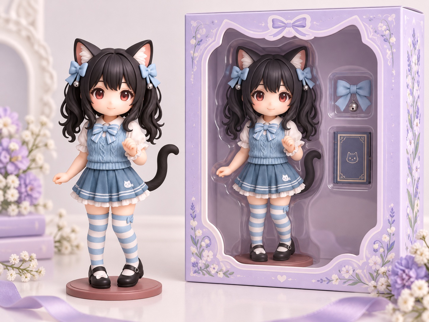 Before: cat-eared doll in a blue outfit on a display stand