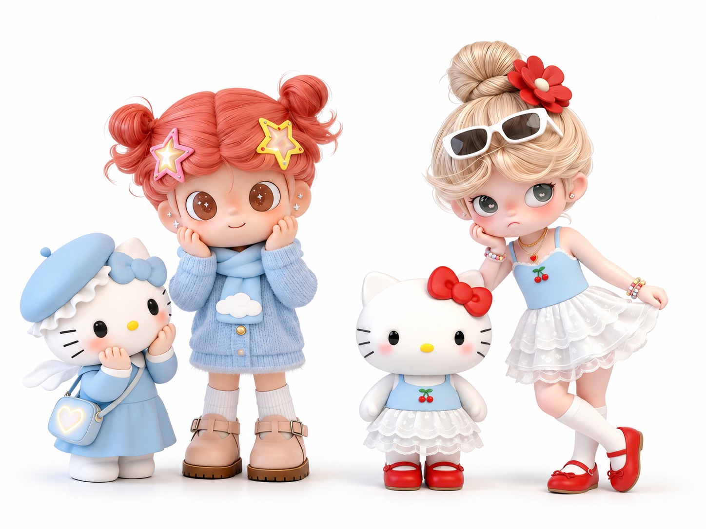 Red-haired doll in a blue knitted outfit and blonde doll in a white skirt with their matching cat companions on a white background