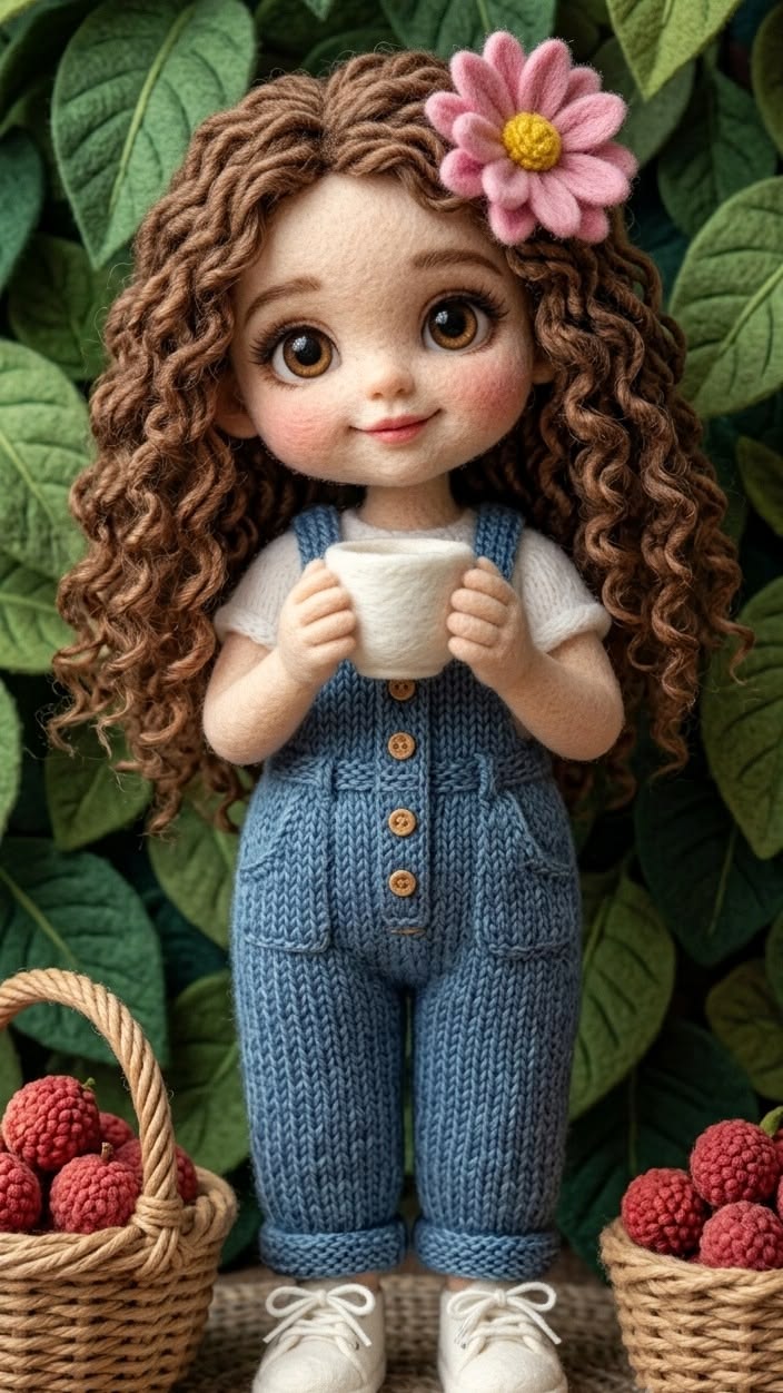 Curly-haired knitted doll wearing blue overalls and holding a cup in a leafy garden