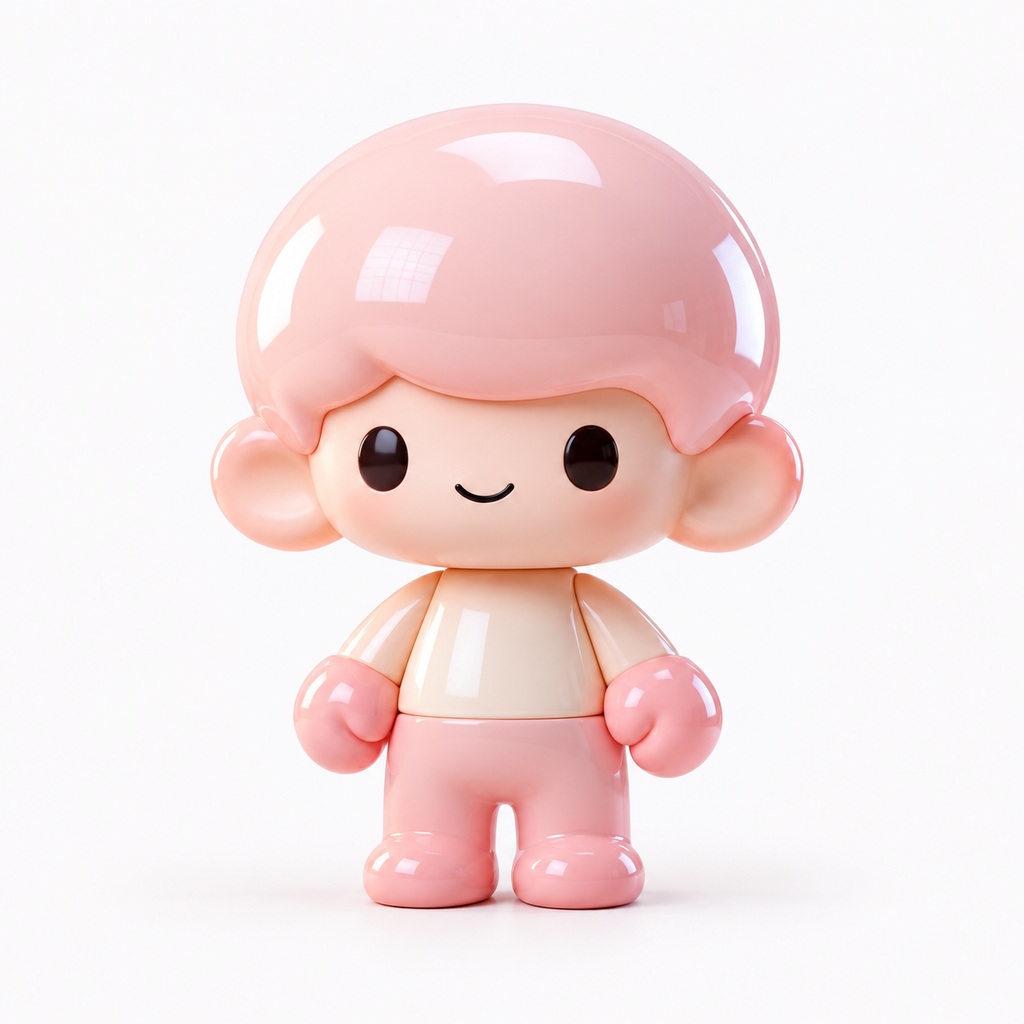 Front-facing full-body glossy pink acrylic plastic doll on a plain near-white background