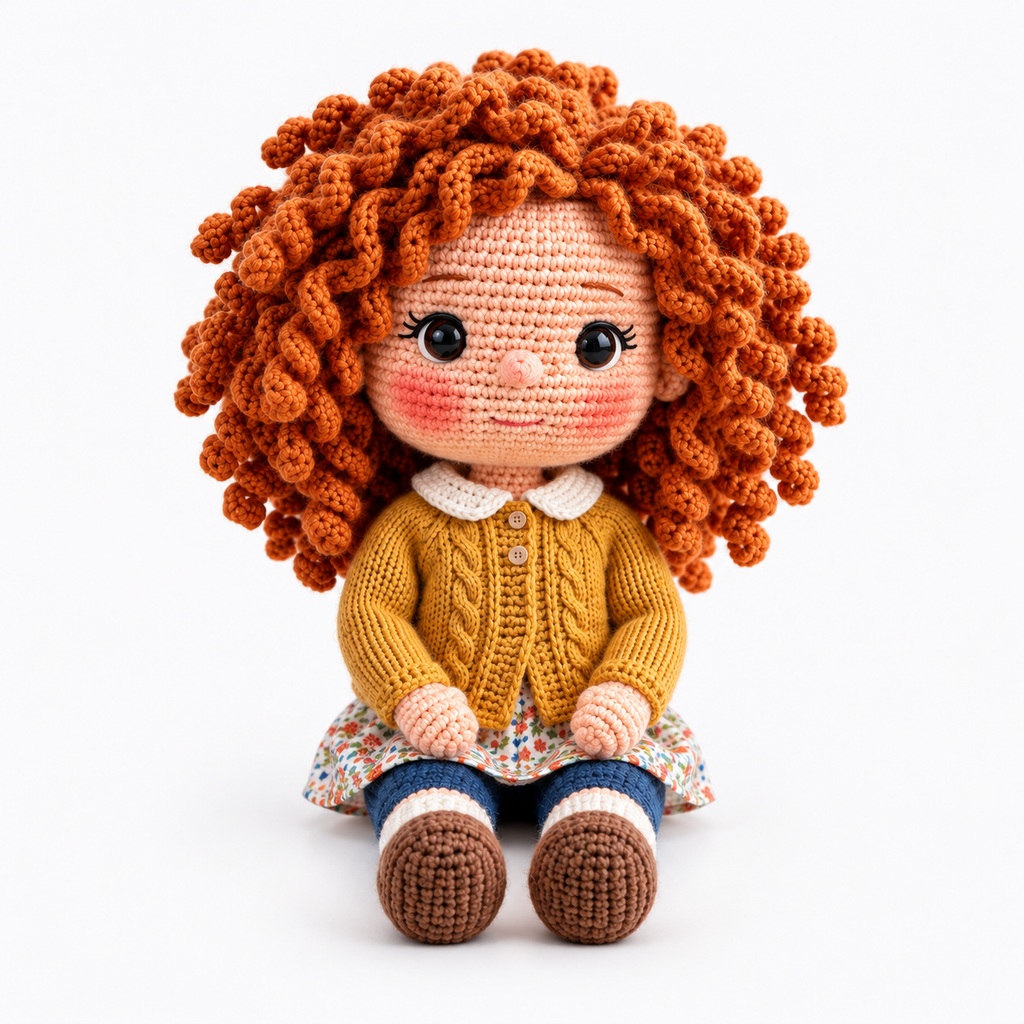 Front-facing crochet girl with curly ginger yarn hair and a mustard cardigan, fully visible on a plain near-white background