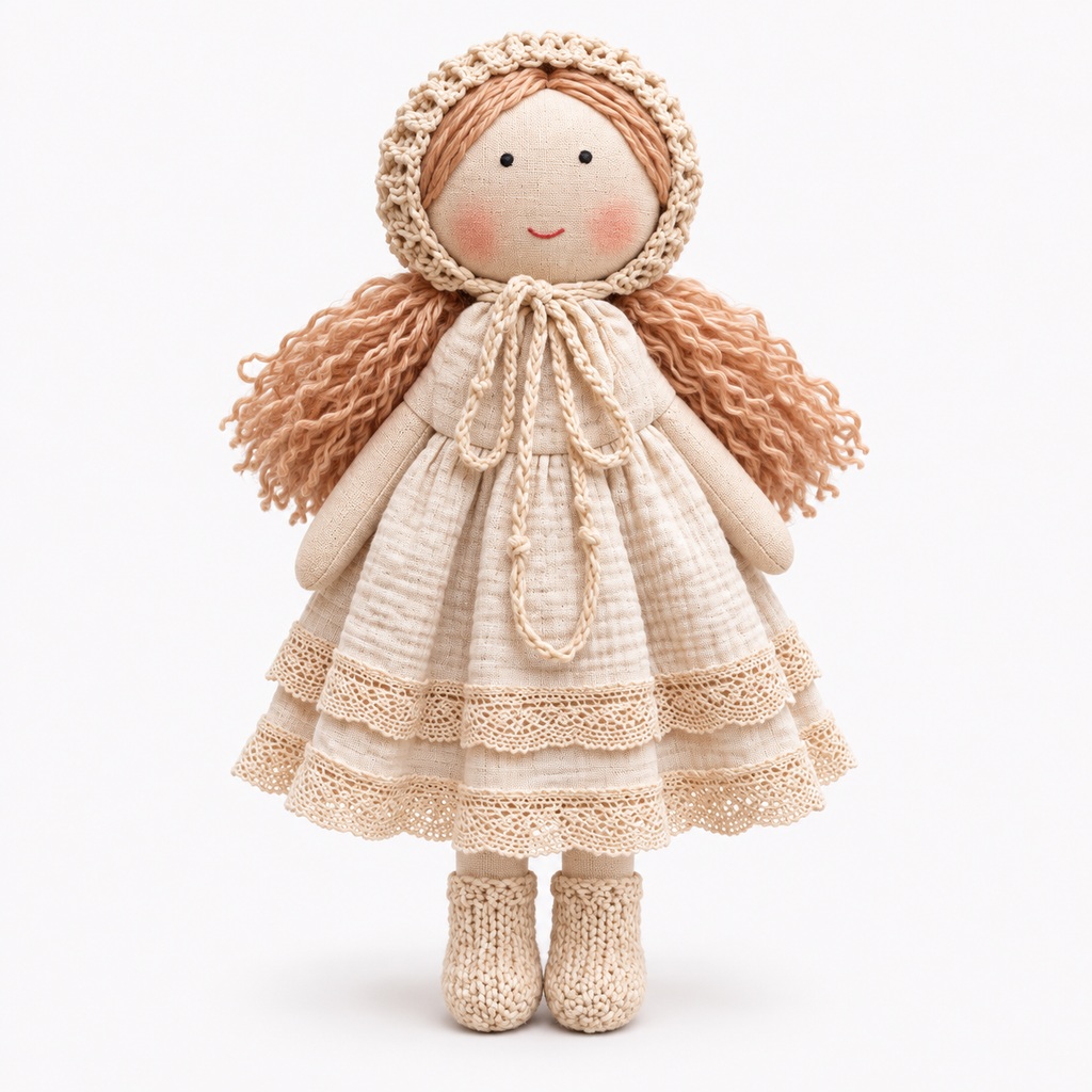 Front-facing full-body fabric rag doll standing in a cream lace-trimmed dress on a plain near-white background