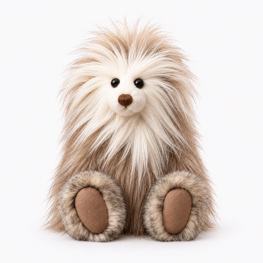 Front-facing shaggy long-pile plush creature, fully visible on a plain near-white background