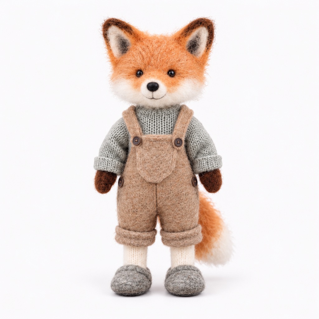 Front-facing full-body needle-felted fox in beige overalls on a plain near-white background