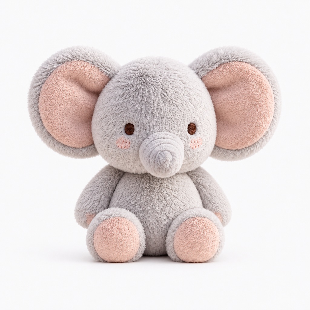 Front-facing gray short-pile plush elephant with pink ears and feet, fully visible on a plain near-white background