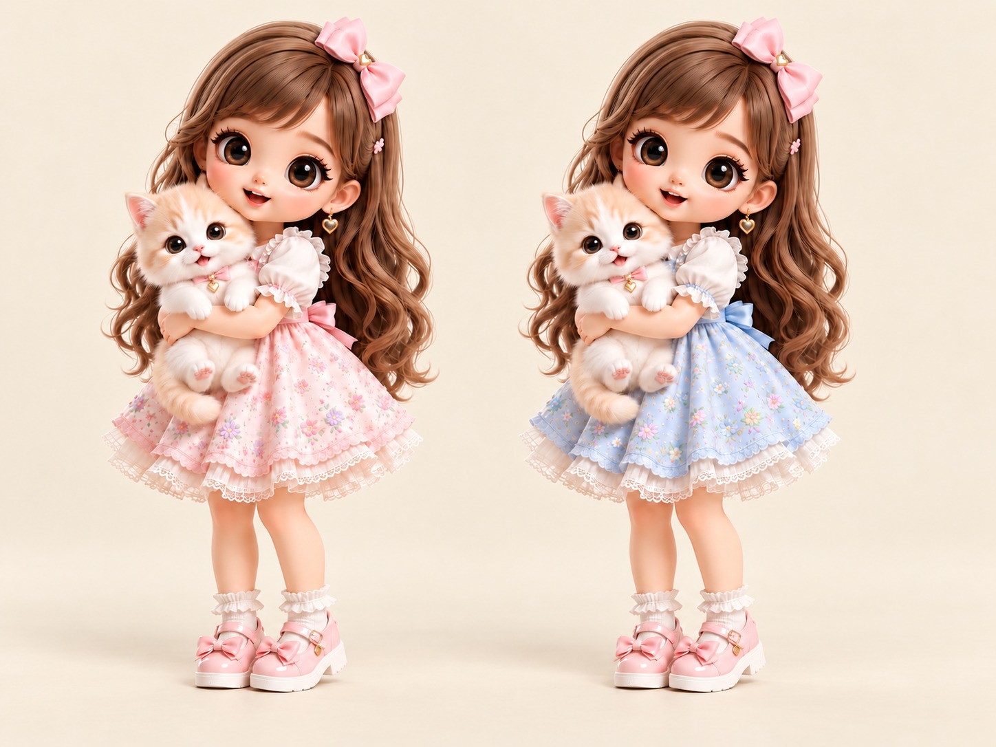 Full-body brown-haired doll holding a kitten in a pink floral dress