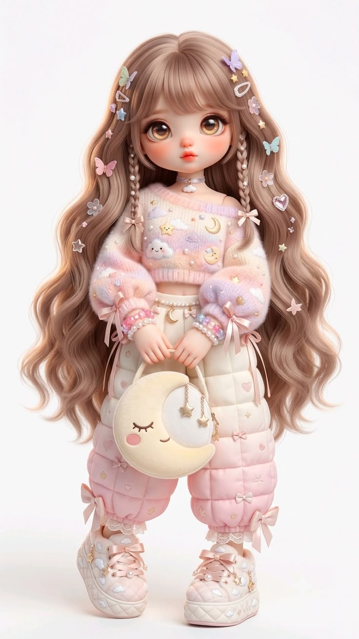 Brunette doll in a pastel outfit with butterfly hair clips and a crescent moon bag