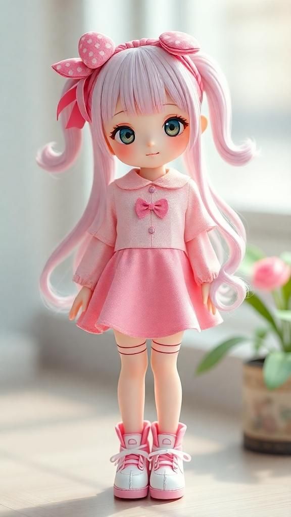 Lavender-haired doll with pink bows, a pink dress, and matching sneakers