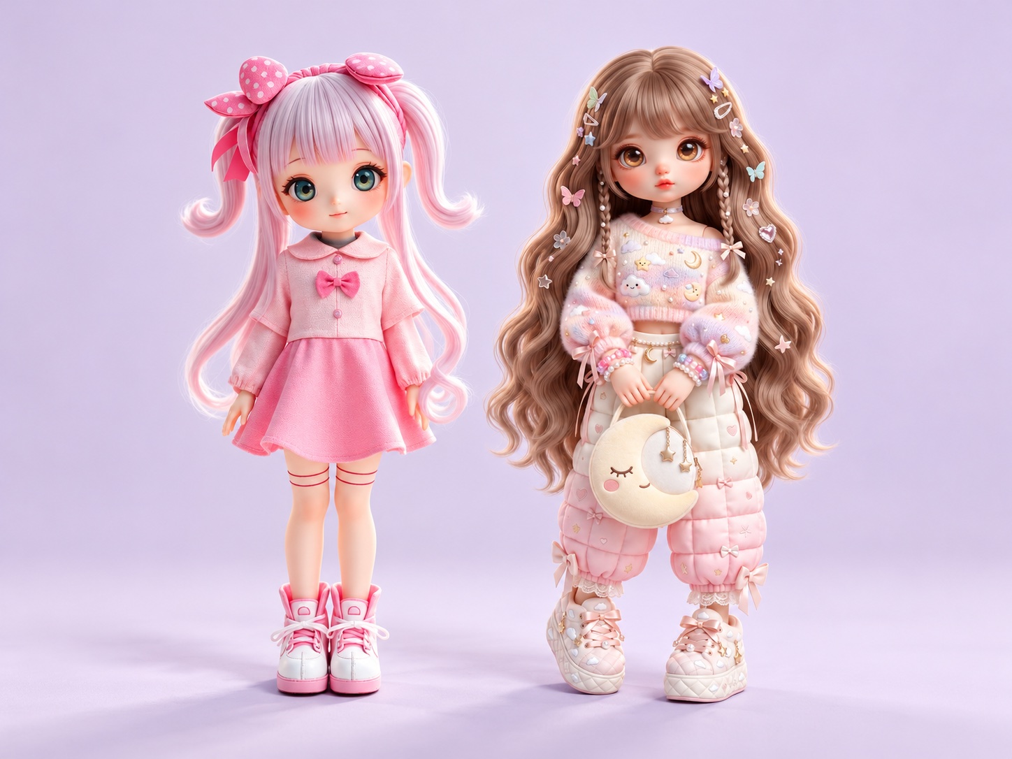 Two pastel dolls with pink and lavender hair, detailed outfits, and miniature accessories