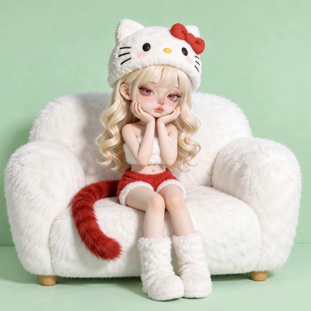 Blonde doll wearing a white cat hat sitting in a fluffy armchair against a mint background