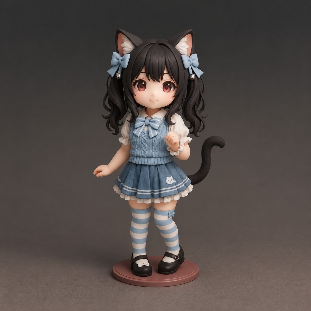 Cat-eared doll in a blue outfit on a stand against a gray studio background