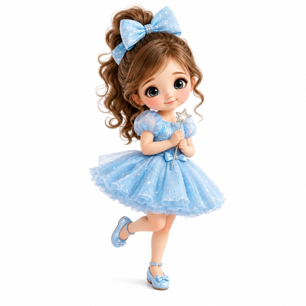 Blue fairy doll holding a star wand against an extended white background