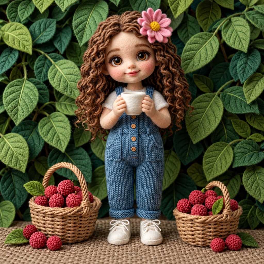 Curly-haired knitted doll holding a cup surrounded by leaves and berry baskets