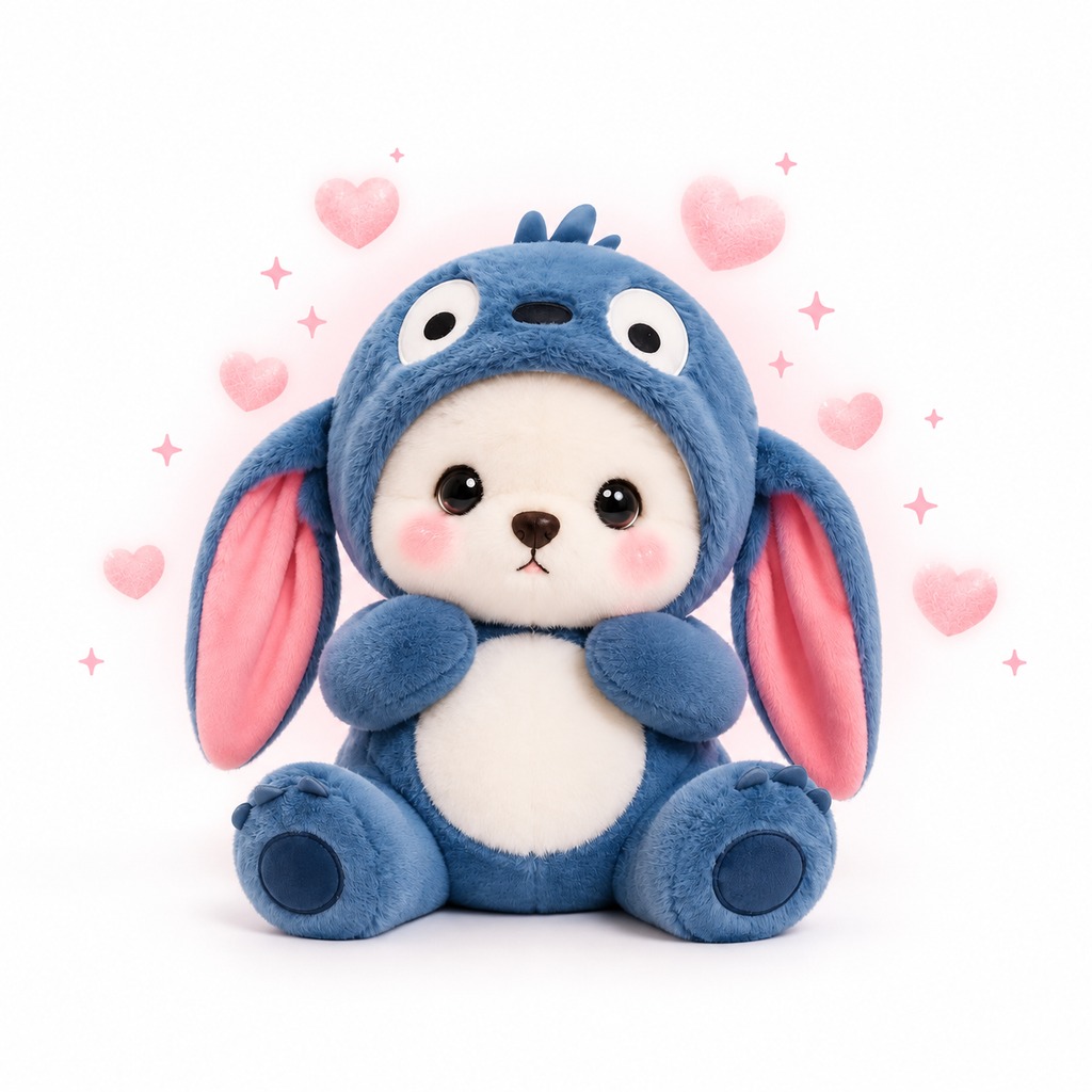 Blue plush costume doll with pink ears and hearts against a white background