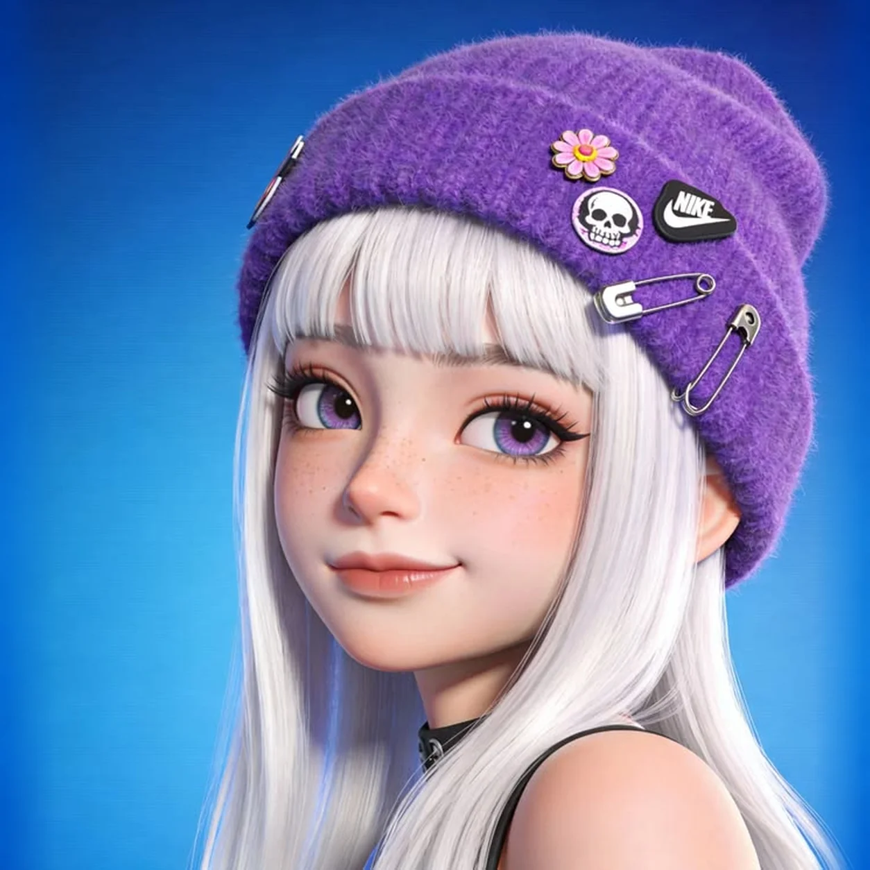 White-haired 3D VTuber avatar wearing a purple beret