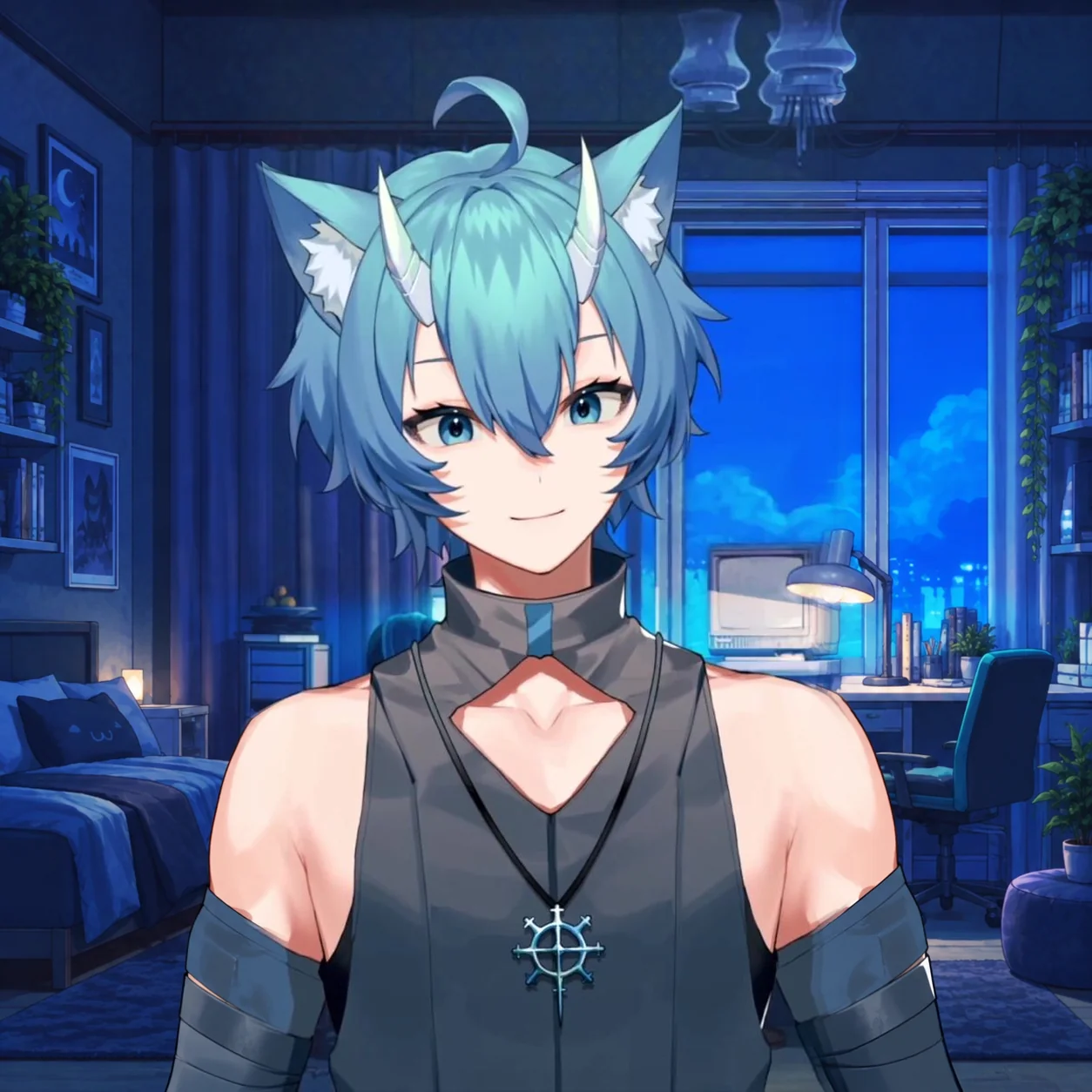 Blue-haired horned VTuber avatar in a streaming room