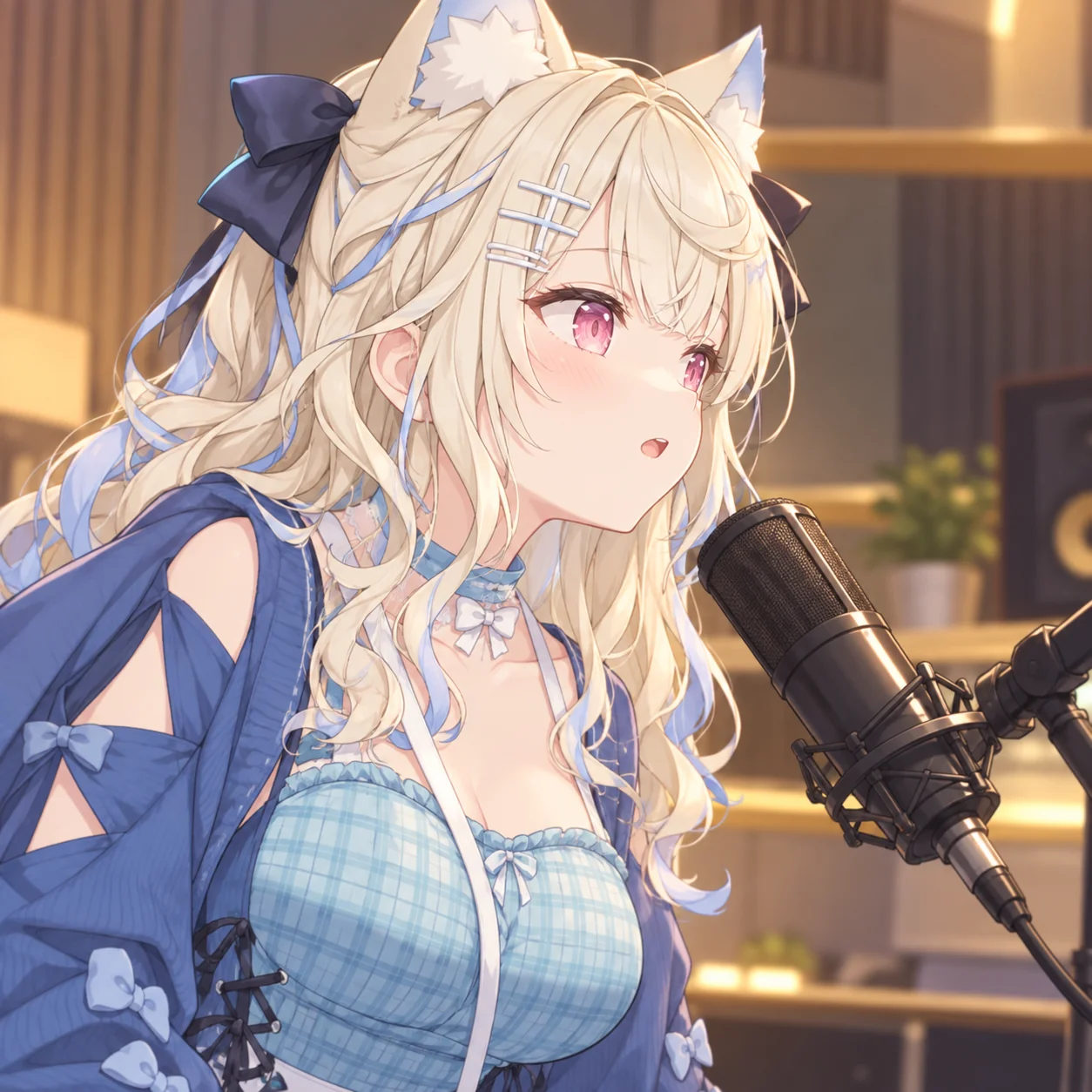 Blonde fox-eared VTuber avatar singing into a studio microphone