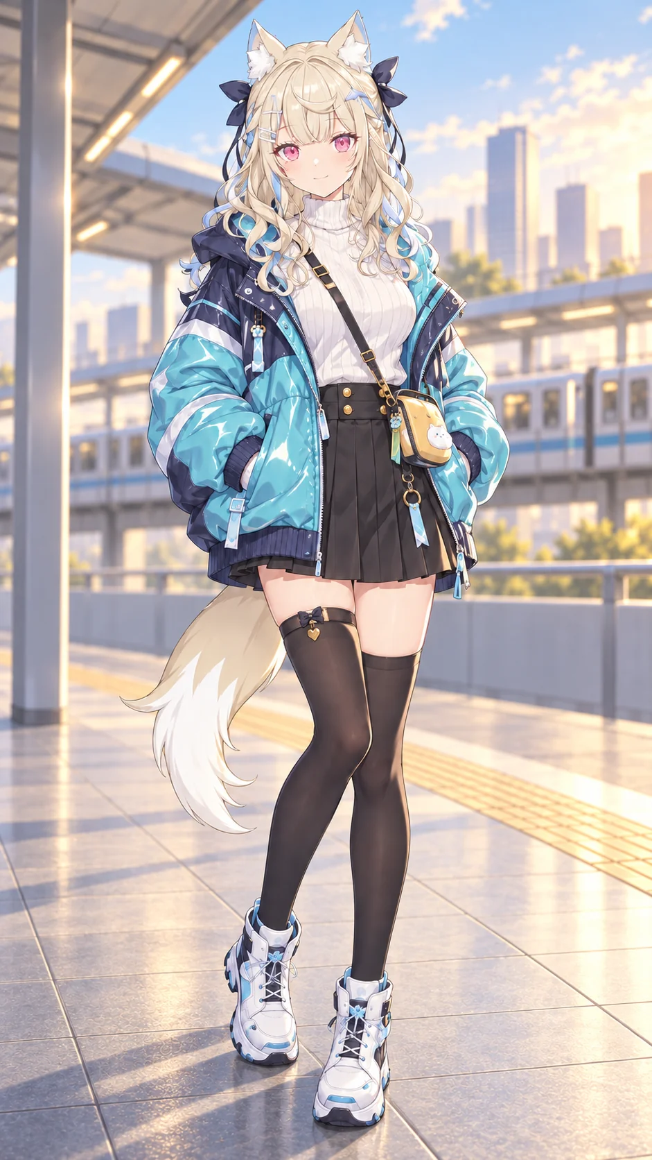 Blonde fox-eared VTuber avatar at a city train station