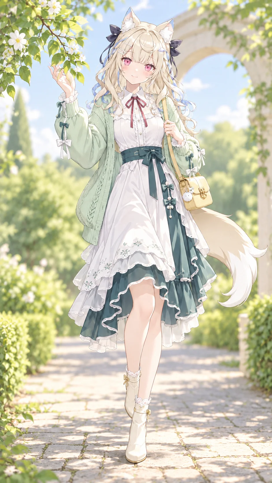 Blonde fox-eared VTuber avatar in a sunlit garden