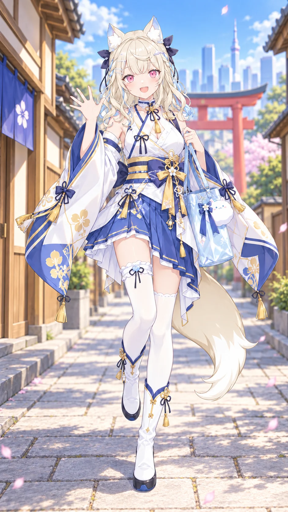 Blonde fox-eared VTuber avatar on a Japanese-style city street