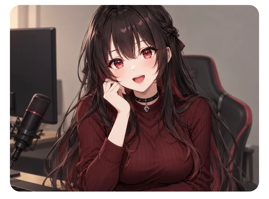 Anime VTuber host smiling at her streaming desk