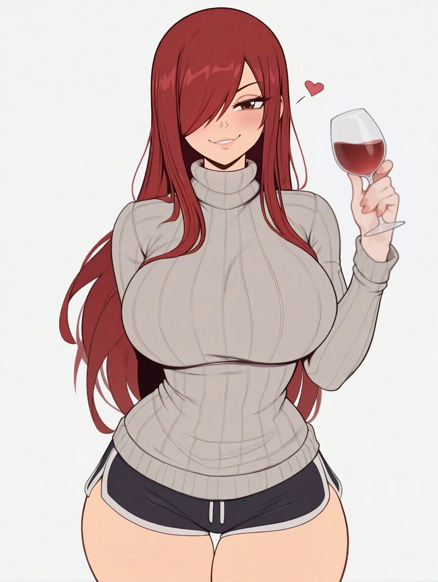 Red-haired character in a white sweater holding a glass