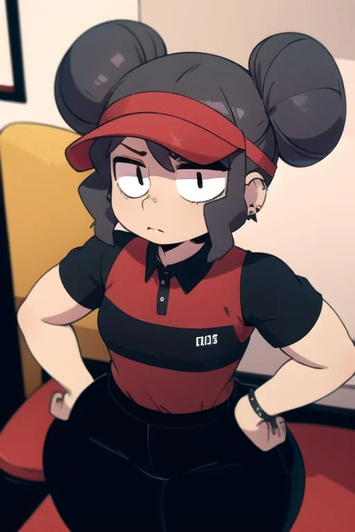 Character wearing a red visor and a red and black polo shirt