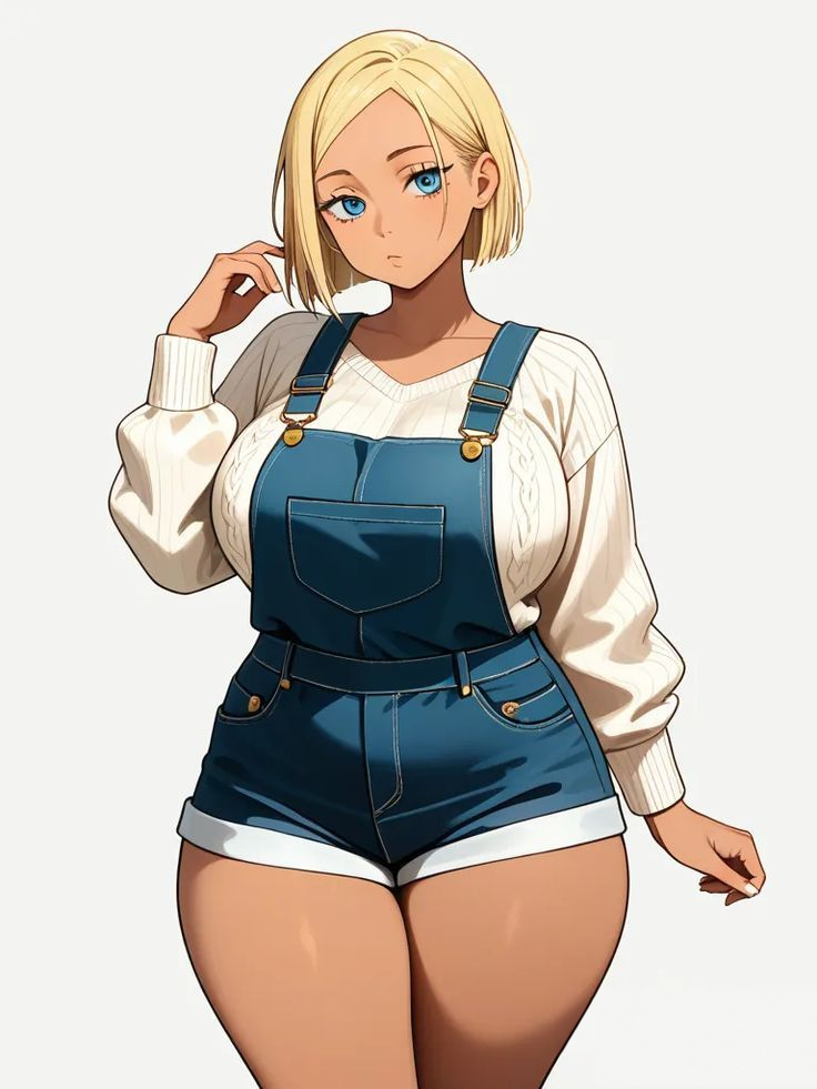 Blonde character wearing blue overalls and a cream sweater