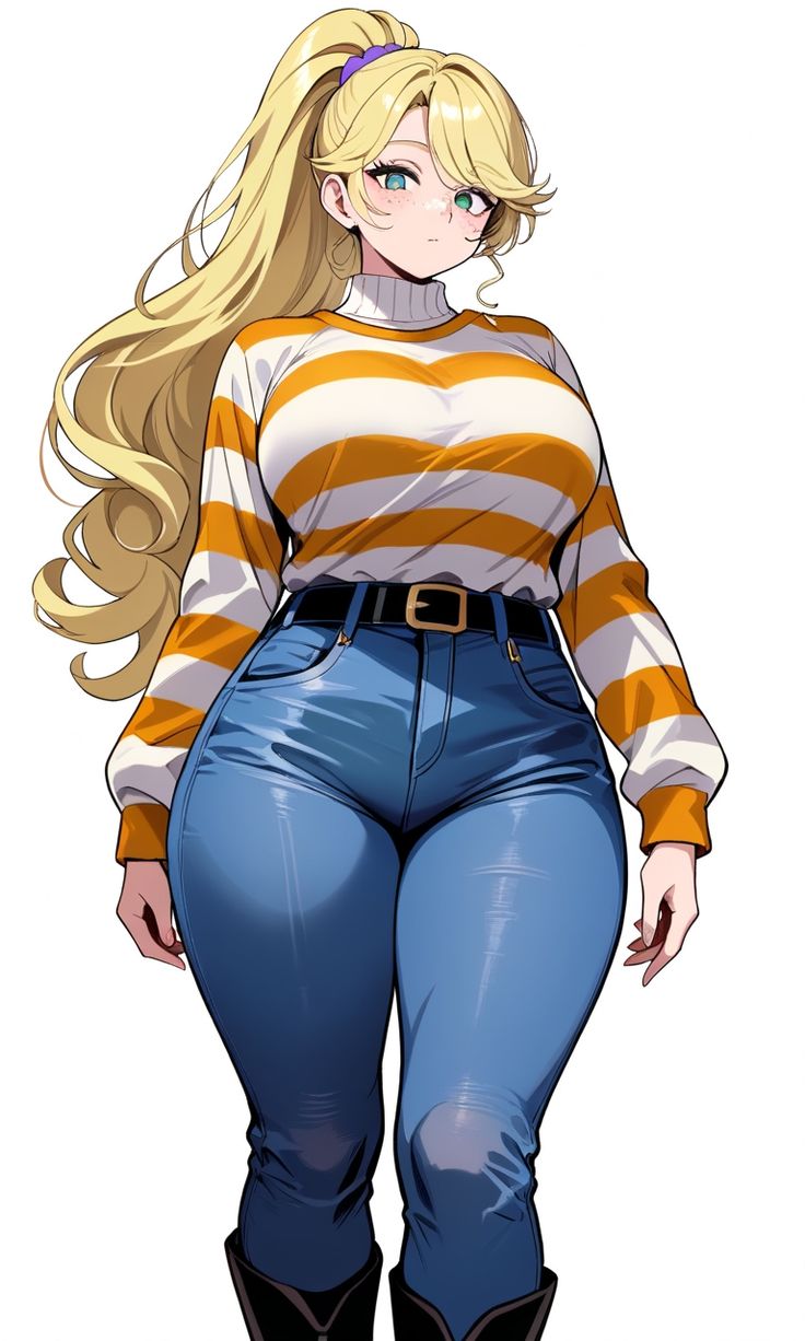 Blonde ponytailed character in a striped sweater and jeans
