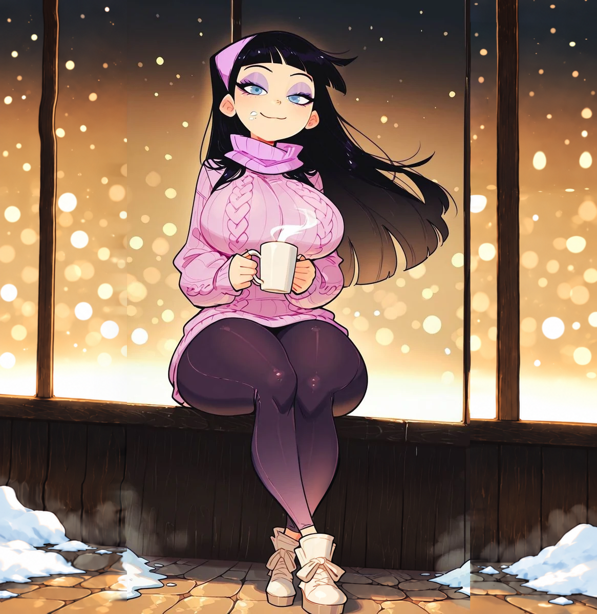 Dark-haired character in a pink sweater holding a warm drink