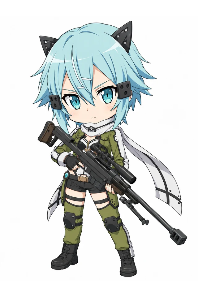 Chibi version of the blue-haired cat-eared character with matching green outfit and rifle