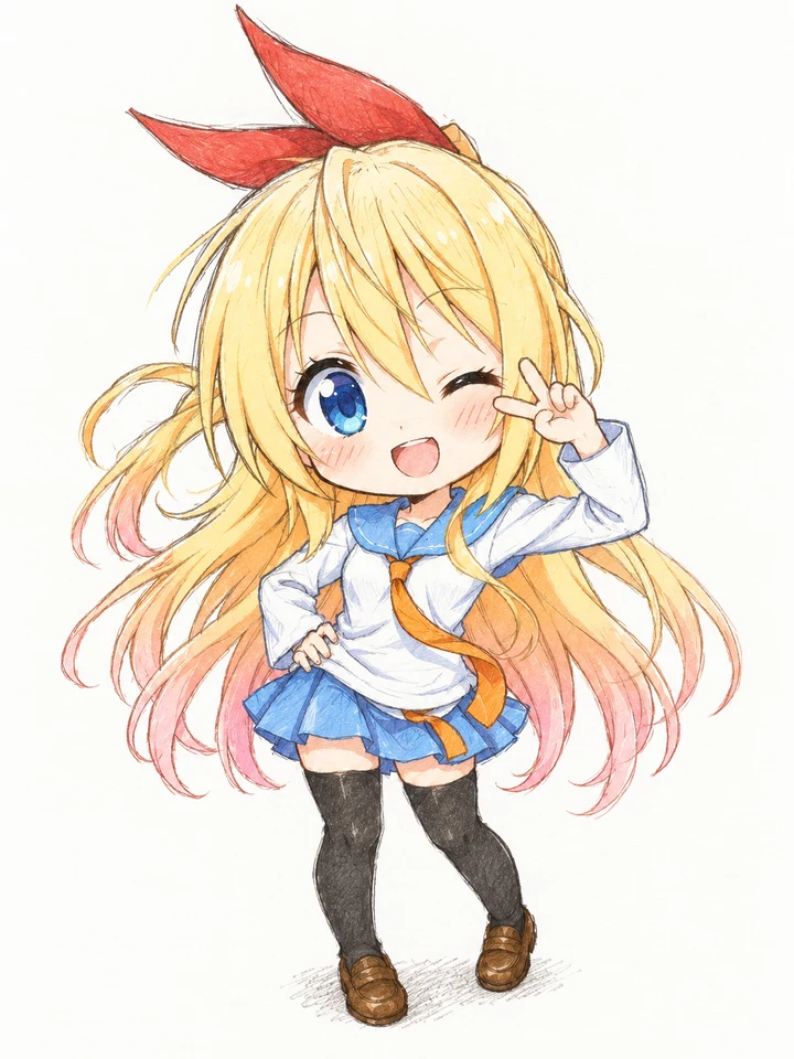 Watercolor chibi schoolgirl with blonde hair, a red bow and a playful peace sign