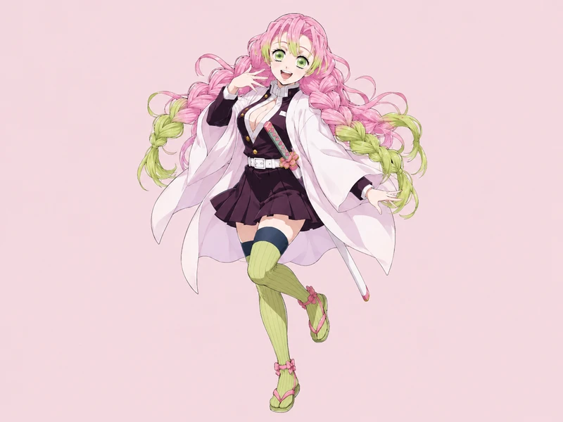 Pink and green-haired anime character in a white haori