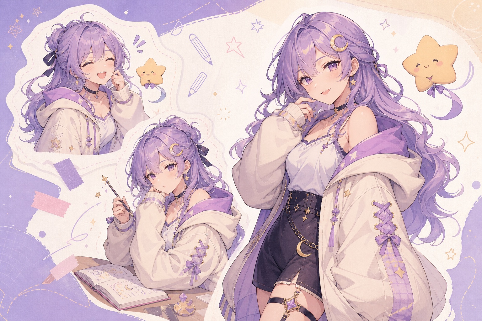 Original lavender-haired character concept sheet named Luna