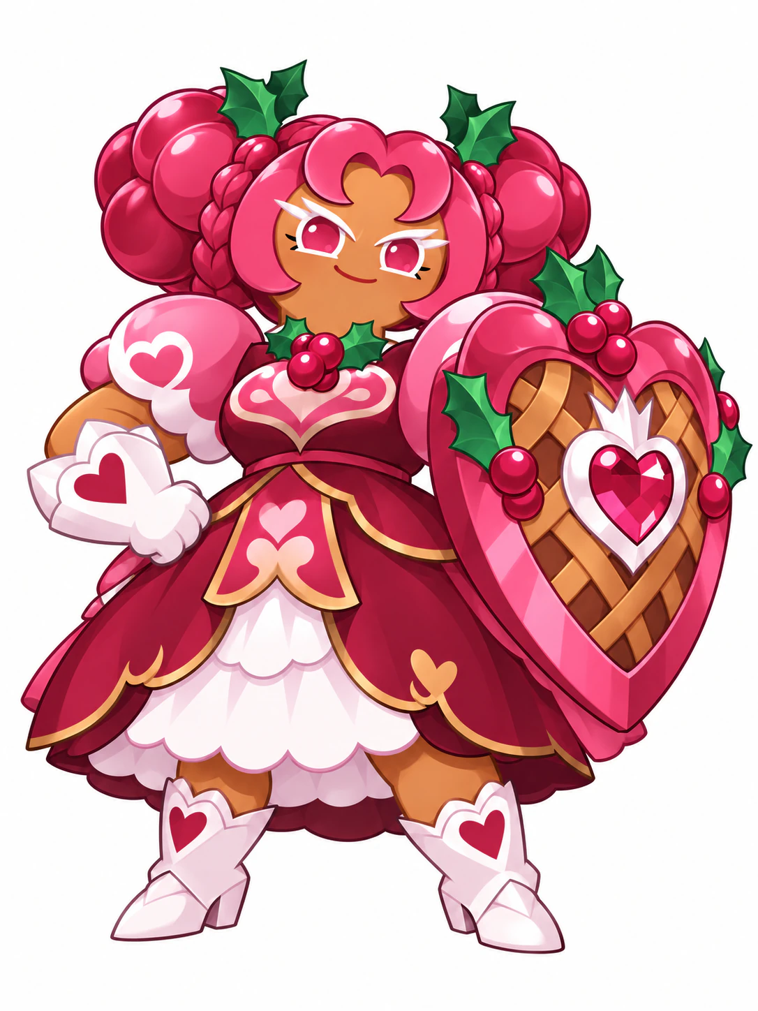 Hollyberry Cookie from Cookie Run: Kingdom in her original berry-red dress and heart shield appearance