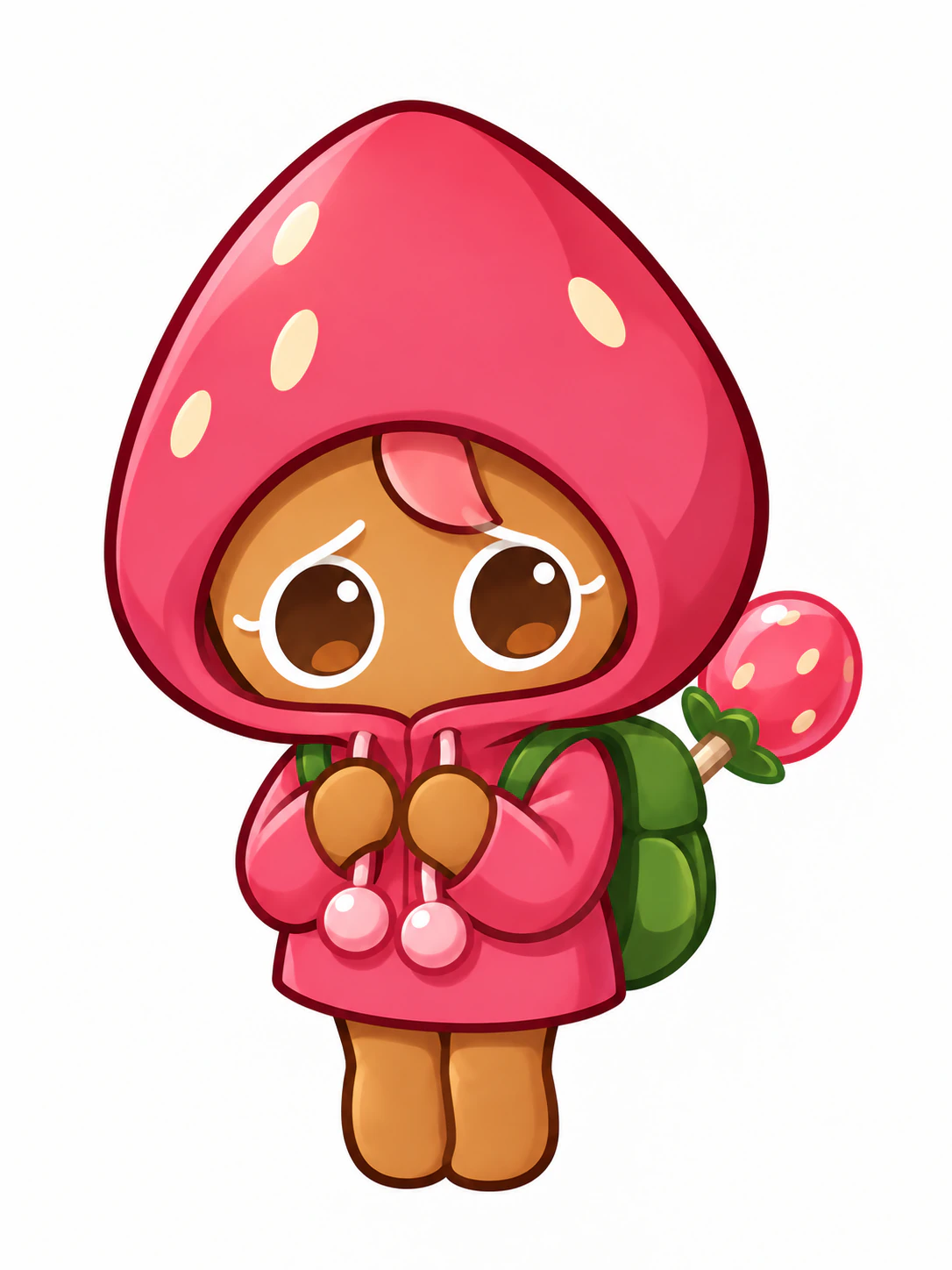 Strawberry Cookie from Cookie Run: Kingdom in her standard strawberry hood appearance