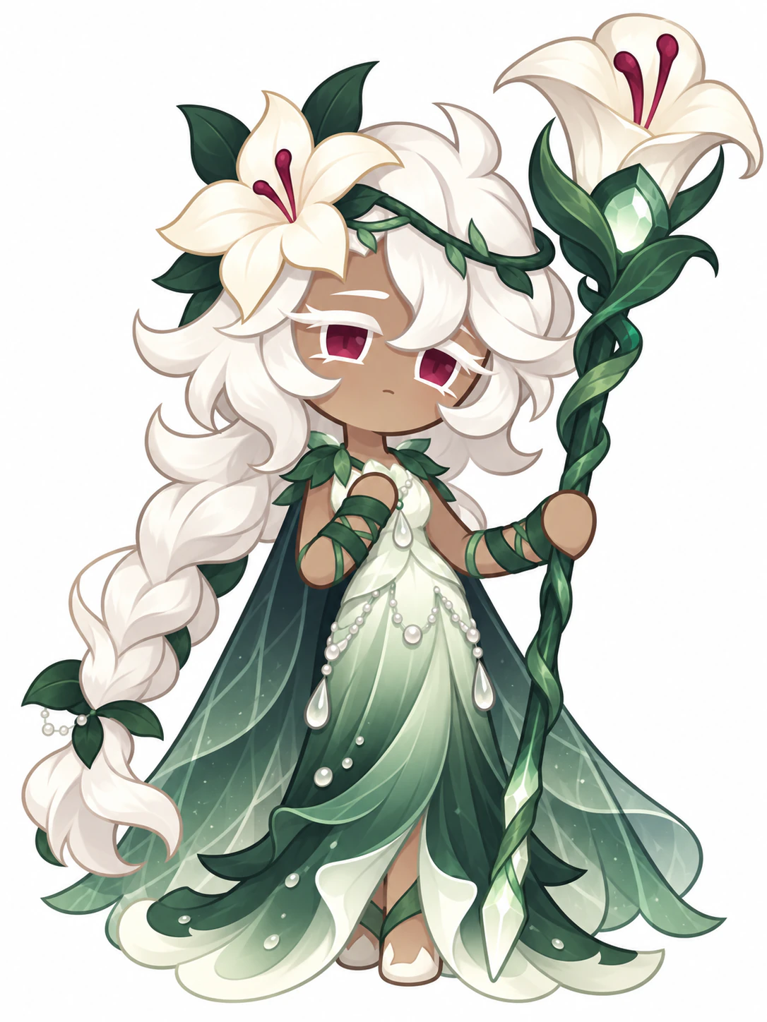 White Lily Cookie from Cookie Run: Kingdom in her original white lily and green dress appearance