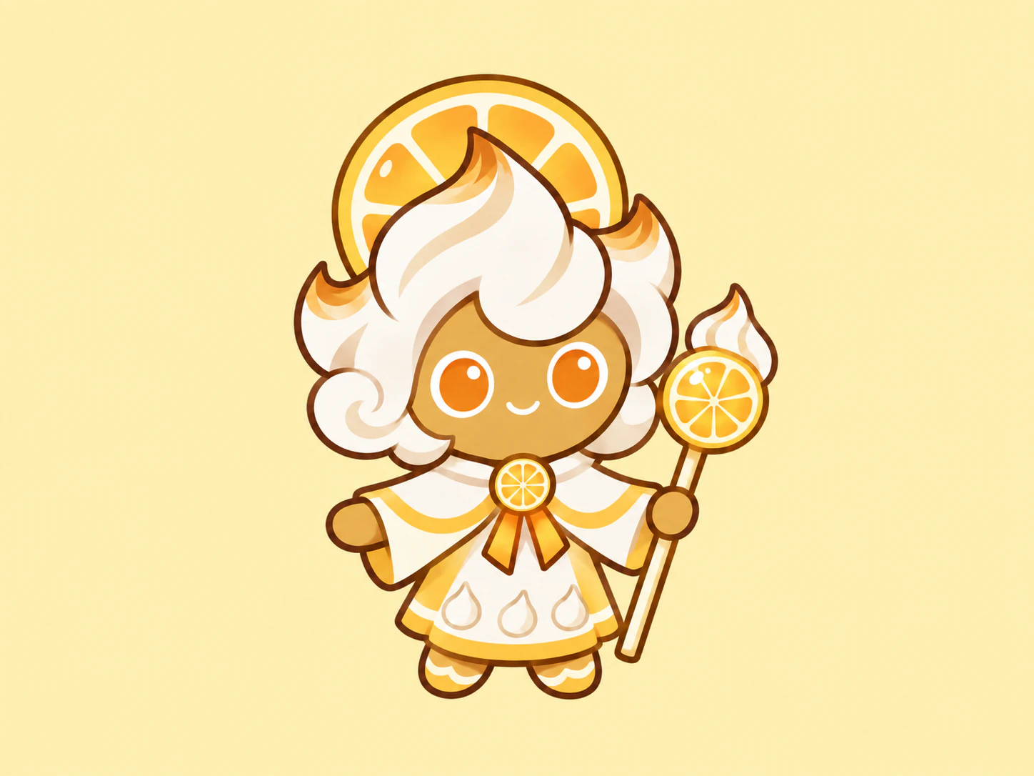 Citrus Meringue Cookie OC with white meringue hair and an orange-slice staff on a pale yellow background