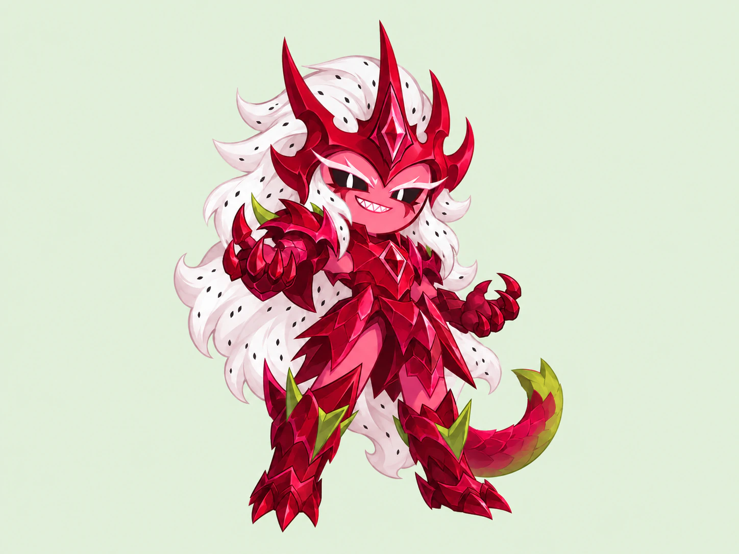 Pitaya Dragon Cookie in red scale armor with white seed-speckled hair on a pale green background