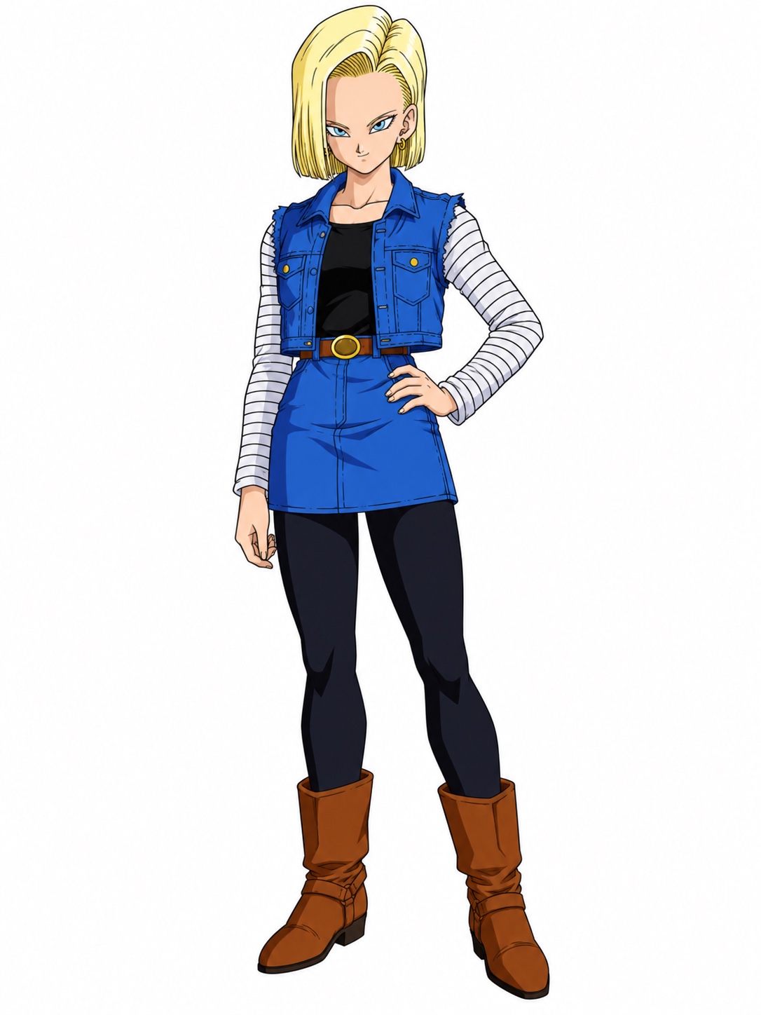 Android 18 with a blonde bob, blue denim vest and skirt, striped sleeves, dark leggings and brown boots