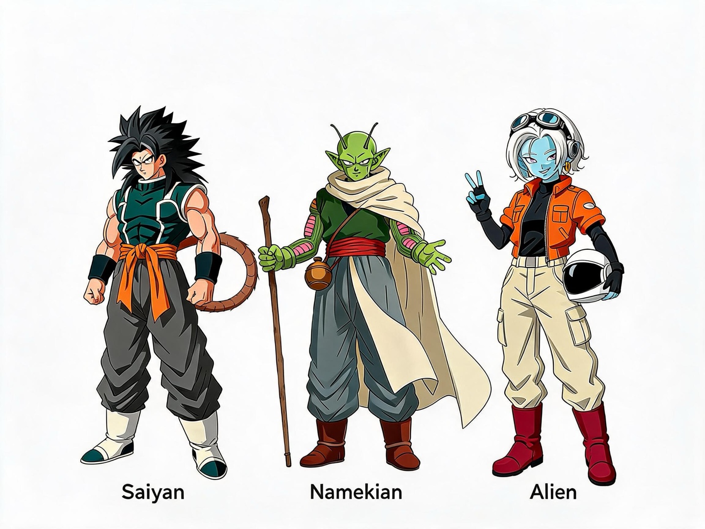 Saiyan Renko, Namekian Nerun and alien pilot Vaska shown as three full-body character concepts