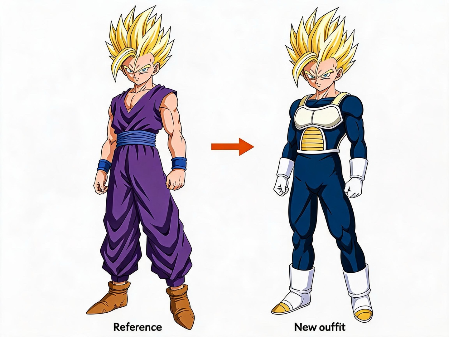 Golden-haired Gohan in a purple gi beside a new navy battle suit with white and gold armor