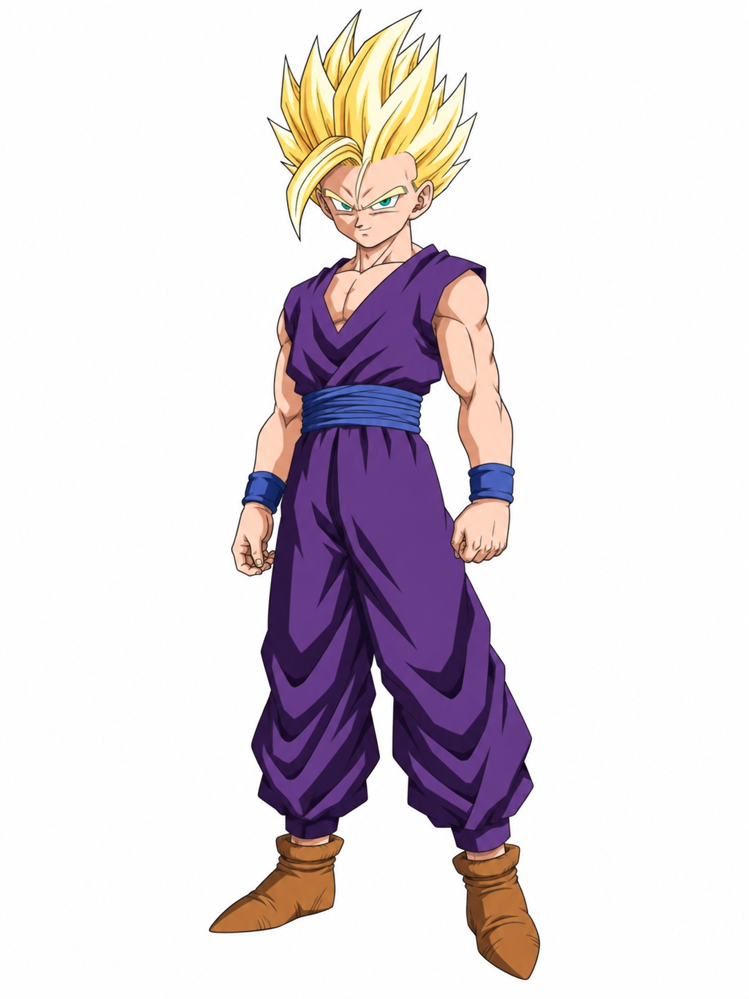 Gohan with upright golden hair and teal eyes, wearing a sleeveless purple gi, blue sash and brown boots
