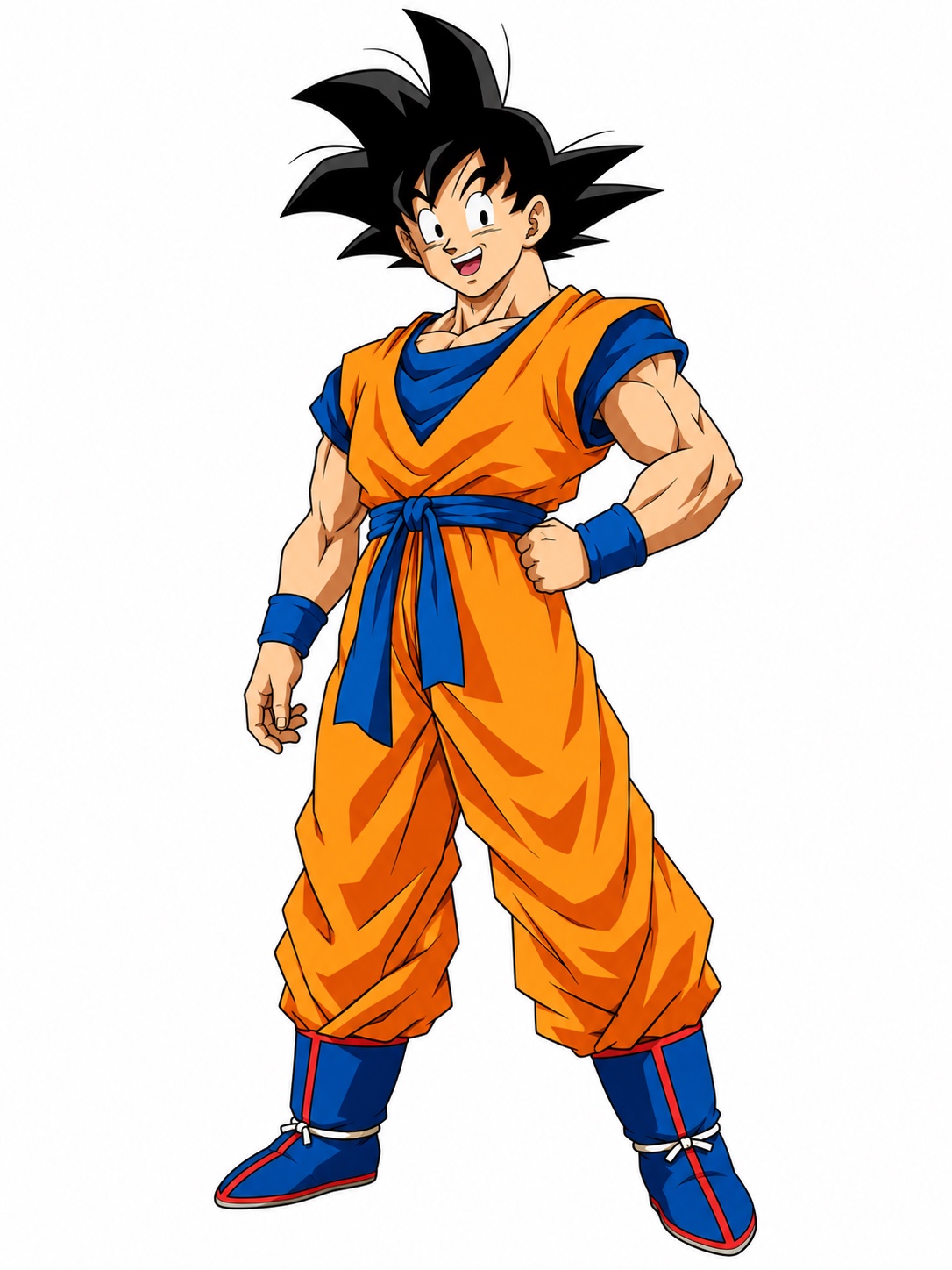 Goku with spiky black hair, an orange gi, blue sash and blue boots with red trim