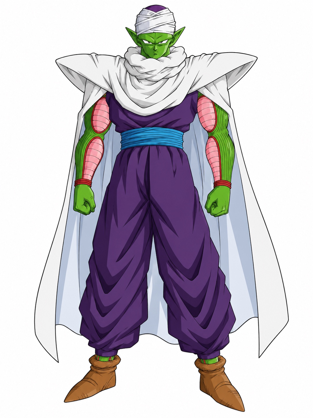 Piccolo with green skin and pink arm patches, wearing a white cape and turban over a purple gi