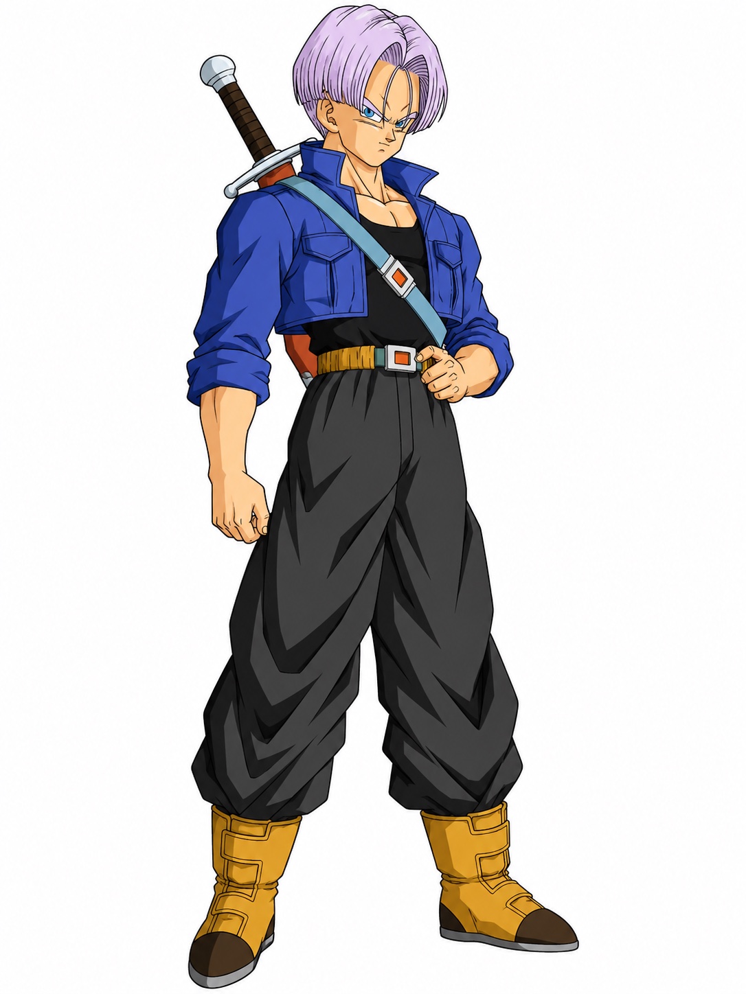 Future Trunks with lavender hair, a cropped blue jacket, dark trousers, mustard boots and a sword on his back