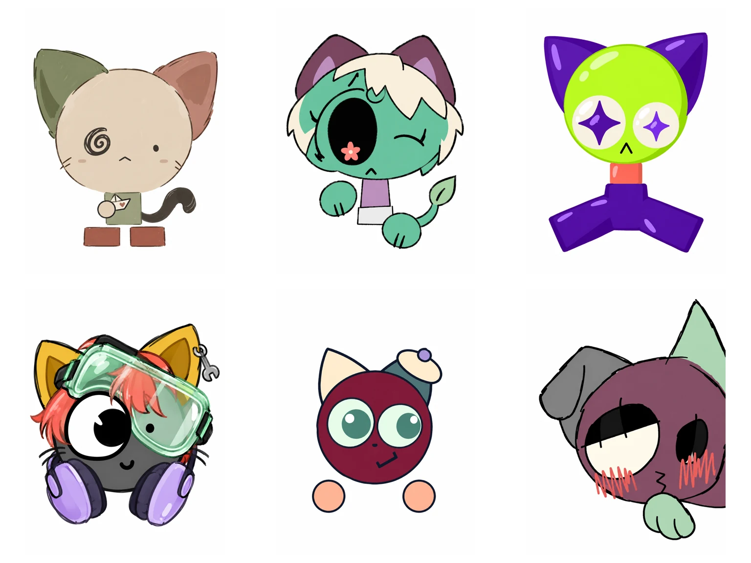 Six original Emoji Cat designs ranging from round cat heads to small full-body characters arranged in a three-by-two grid