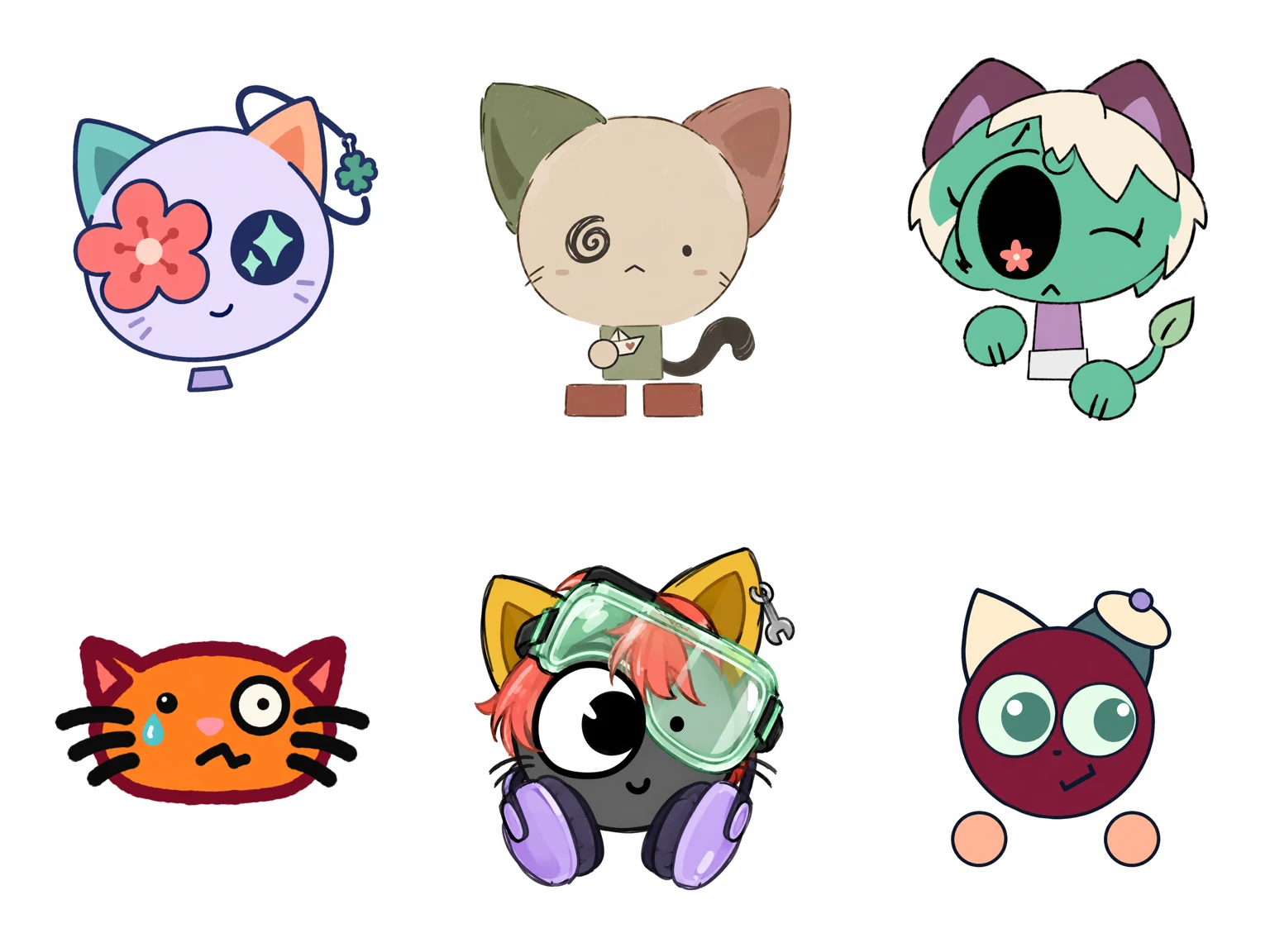 Six colorful Emoji Cat characters arranged in two rows on white