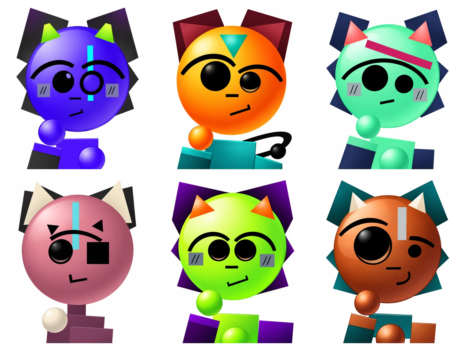 Six glossy geometric Emoji Cat characters with mismatched circular eyes and varied facial expressions arranged in a three-by-two grid