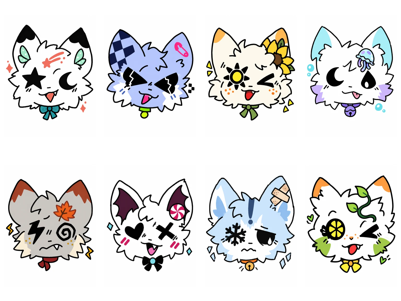 Eight hand-drawn Emoji Cat OC heads with symbolic eyes, colorful markings, bows, bandages, flowers, and other accessories arranged in a four-by-two grid